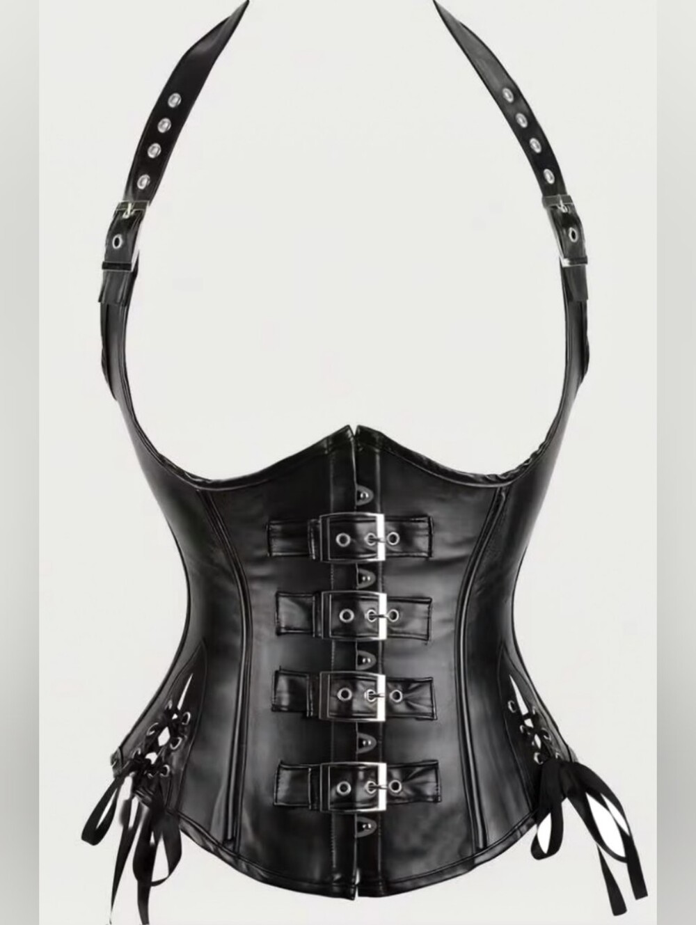 Gothic steampunk faux leather buckled underbust corset with halter neck MEDIUM